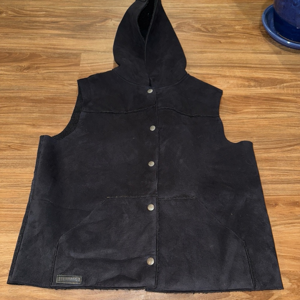 Ralph Lauren Women's LG Black Faux Suede Sherpa Lined Hooded Vest Snap Up